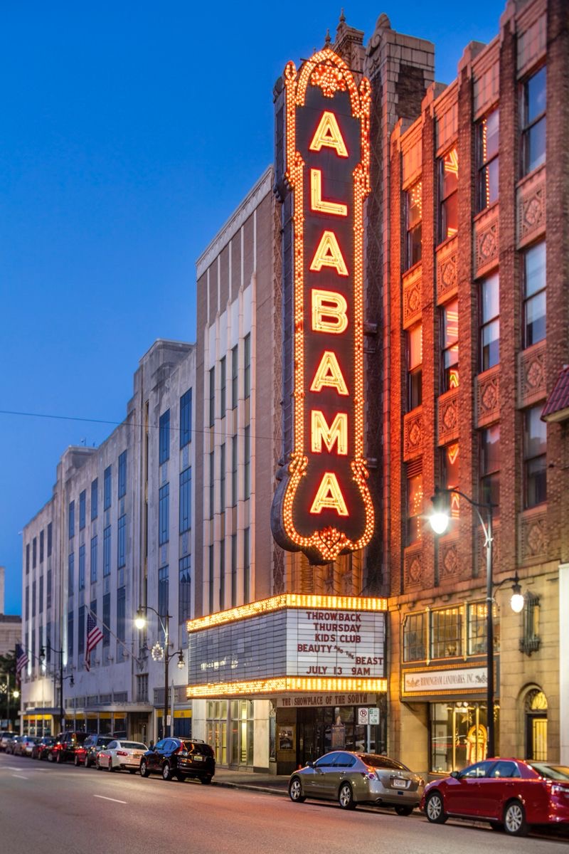 The historic Alabama Theatre marquee at dusk in Birmingham